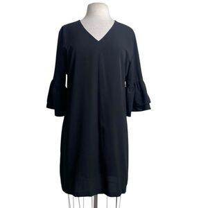 Black V-Neck Dress with Ruffle Sleeves short solid black